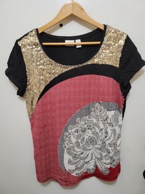 Chico's Black, Red & Gold Sequin Short Sleeve Top